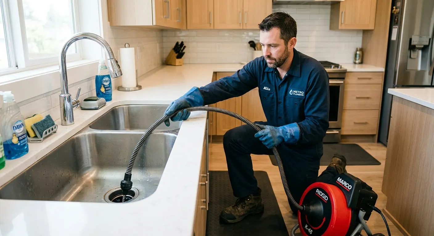 Drain cleaning technician using a motorized snake on a kitchen sink in Jackson