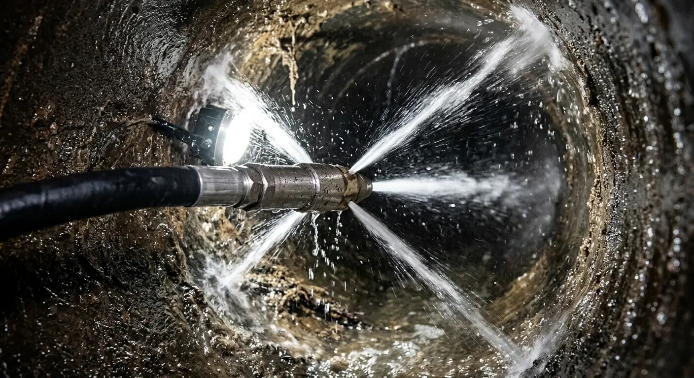 High-pressure hydro jetting nozzle cleaning sewer pipe for Emergency Drain Service in Jackson